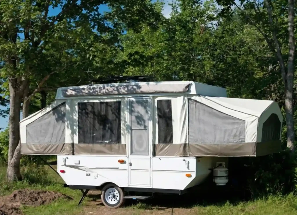 Pop-up camper prepared for removal