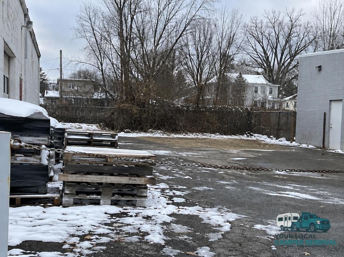 Where the camper stood in Red Bank, NJ, cleared and cleaned up after RV removal